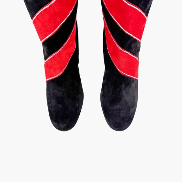 Christian Louboutin Gael Knee High Boot Size 39.5 US 9.5 Black Red Stripe Strass - Picture 5 of 15
